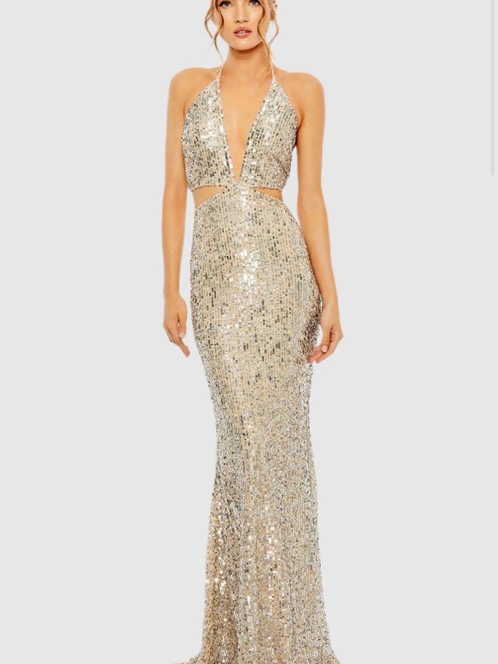 Mac Duggal Champagne Gold Sequin Strapless Cutout Mermaid Gown